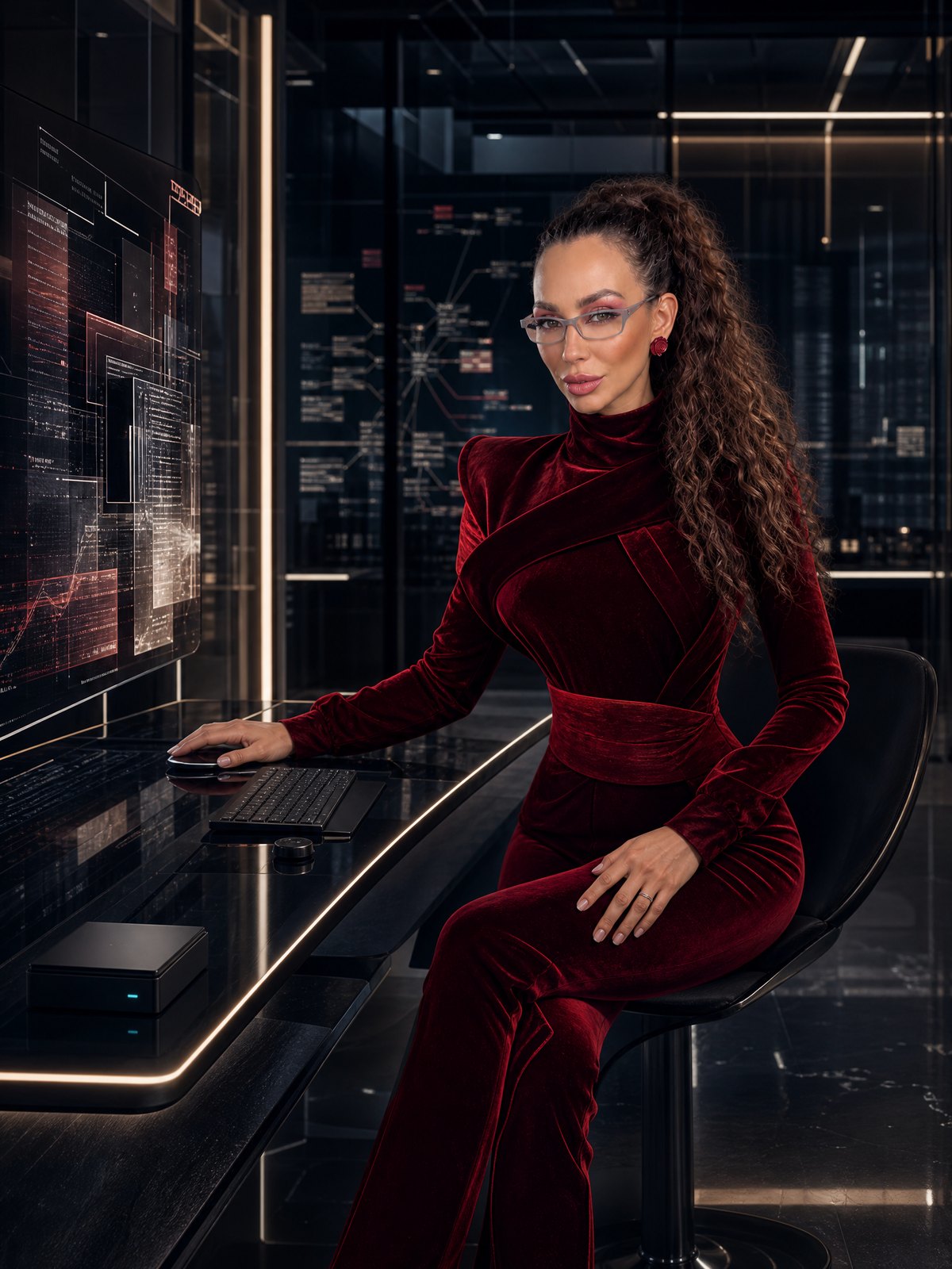 Elodia Reyna Rojas in oxblood velvet at her command desk