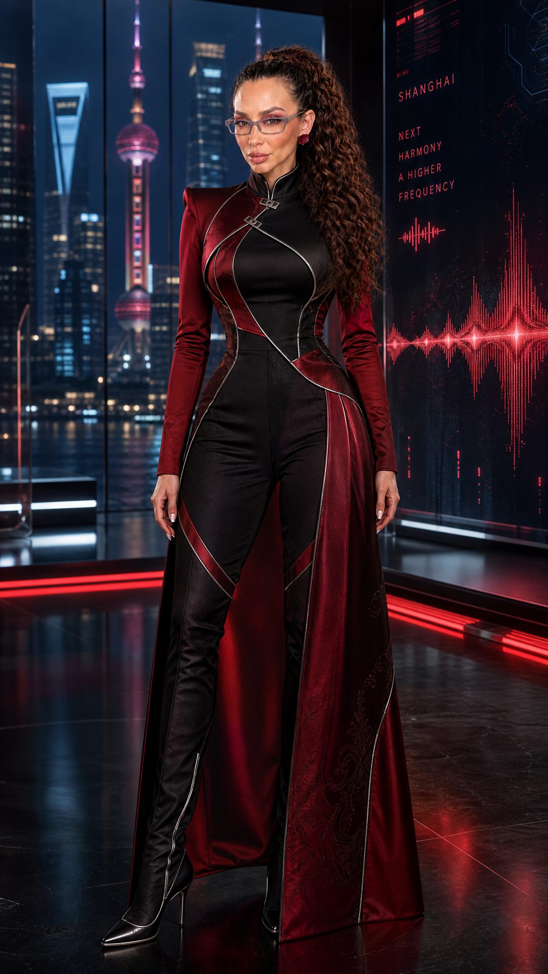 THE AI GIRL™ Crimson Velvet Jumpsuit, Oxblood Velvet with Cape